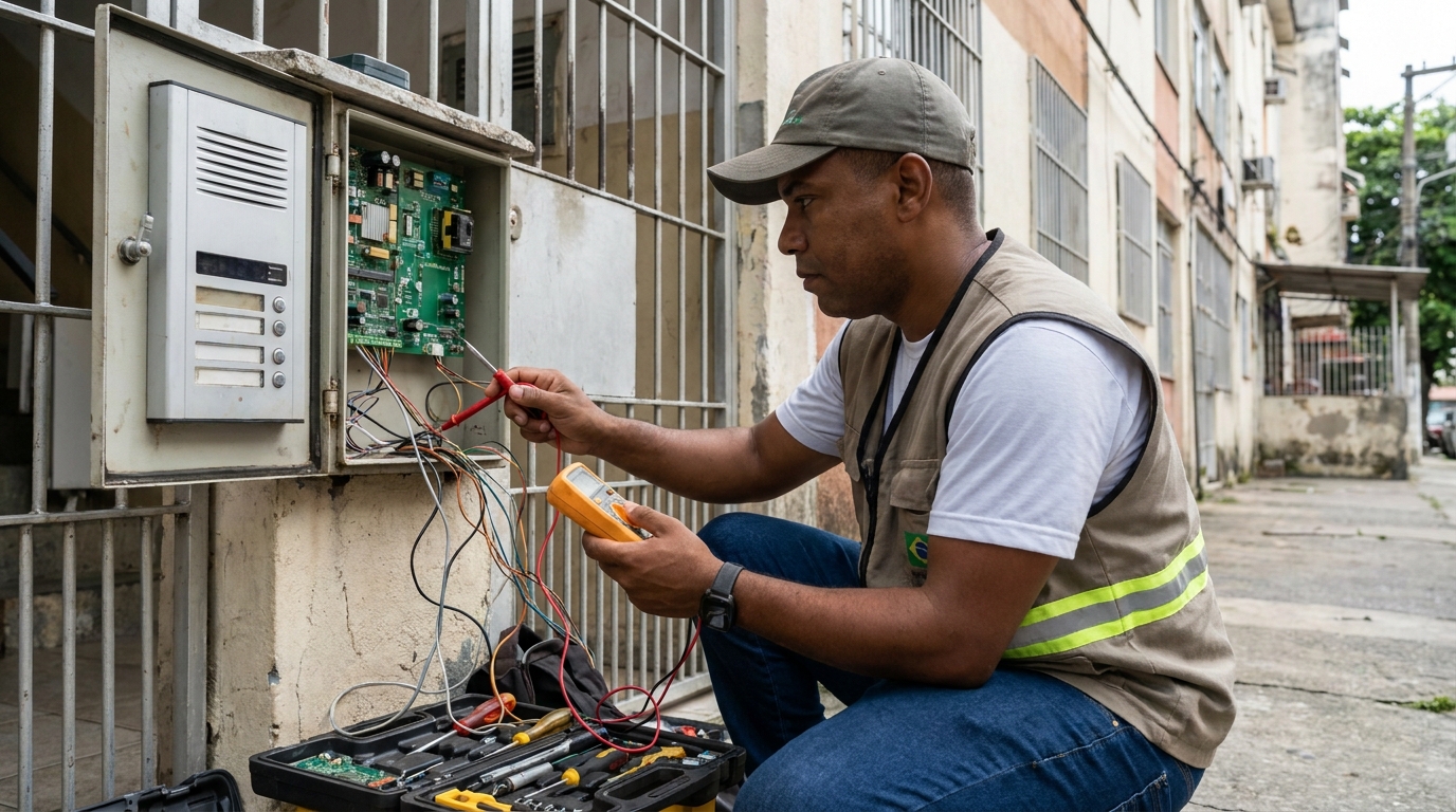 Eletricista consertando interfone em Jaraguá do Sul‑SC